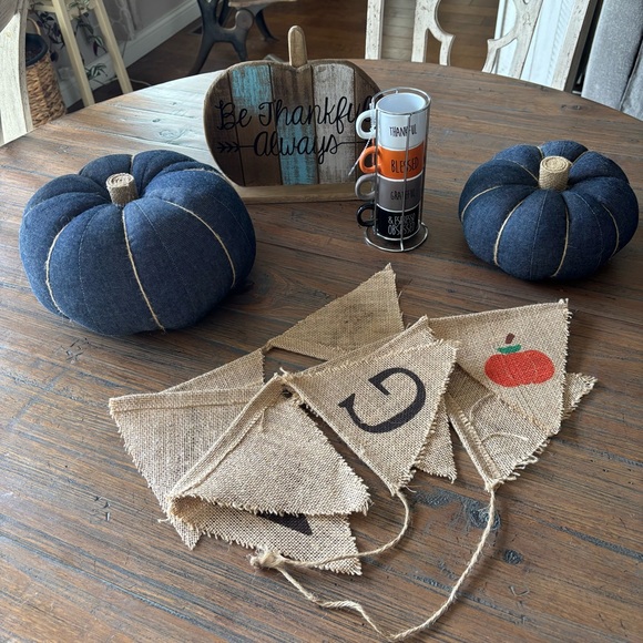 Five item fall thankful bundle of two pumpkins, sign, banner & espresso cup set - Picture 2 of 16